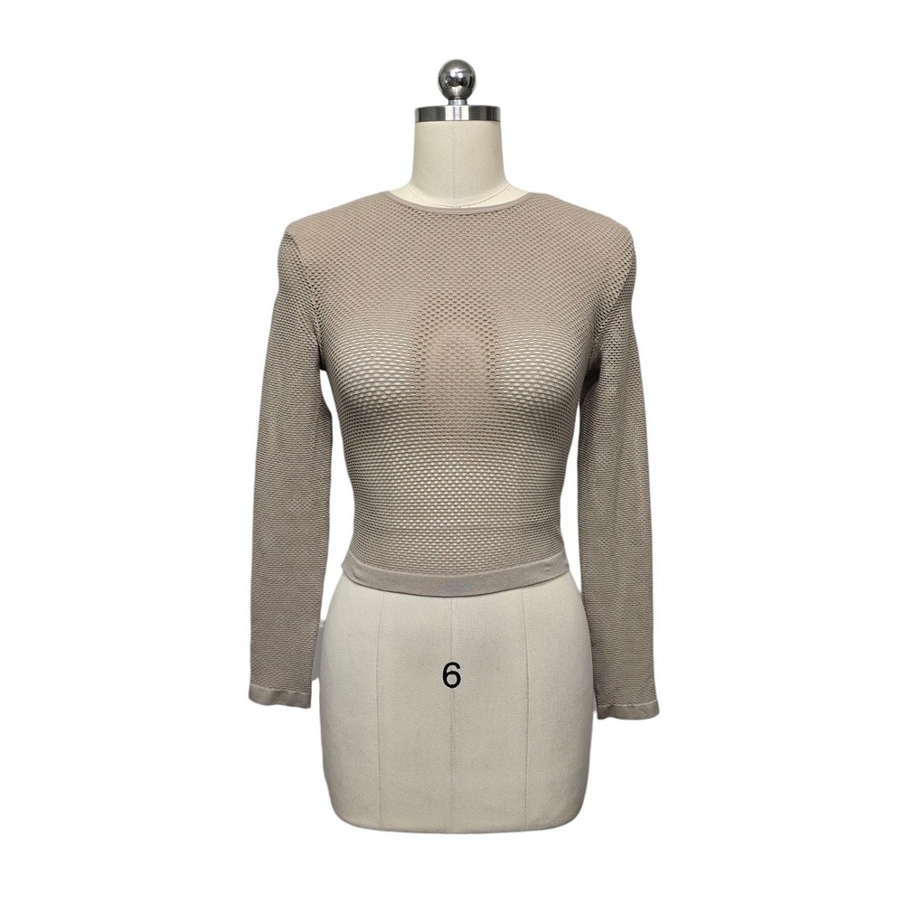 House of CB London Taupe Mesh Long Sleeve Cropped Top XS/S Honeycomb Textured